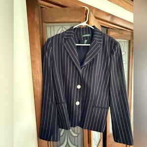 Vintage Lauren Ralph Lauren Linen Blazer 
Blue & White Stripes Size 16